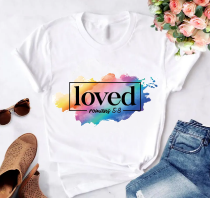 "LOVED" ROMANS 5:8" GRAPHIC PRINT