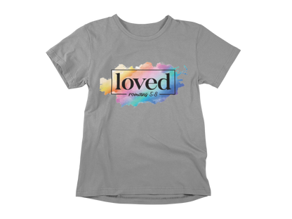 "LOVED" ROMANS 5:8" GRAPHIC PRINT